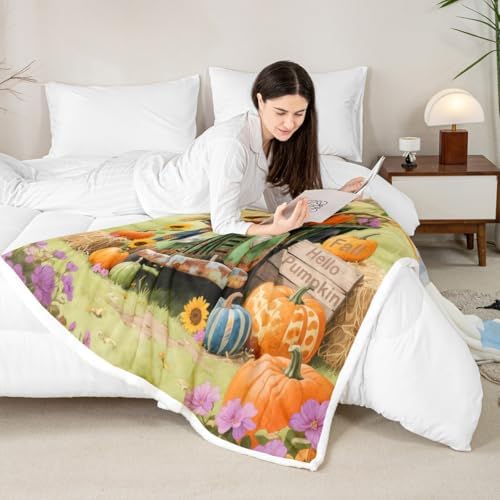 Fall Pumpkin Throw Blanket Harvest Truck Scarecrow Fleece Flannel Blankets Kids Boys Girls Room Decor Thanksgiving Sunflower Bed Blankets for Bed Sofa Couch Orange Green Plush Blanket Throw 50"x60" - Image 4