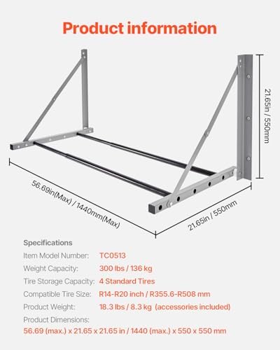 VEVOR Wall Mounted Folding Tire Rack, 32" - 48" Adjustable Tire Rack, Q235 Heavy-Duty Steel Tire Storage Rack for R14-R20 inch Standard Tires, Max 300lbs Load Capacity for Garage Workshop Repair Shop - Image 7
