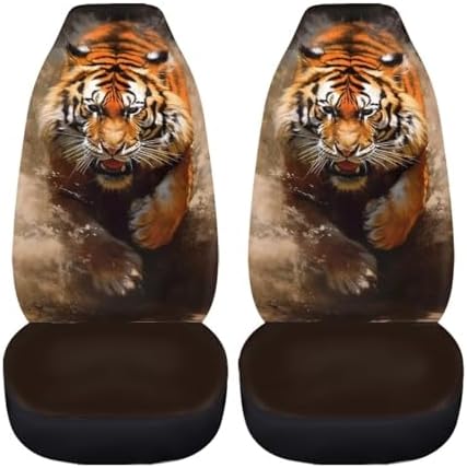 Tiger 2 Pcs/Set Car Seat Covers, 3D Vivid African Jungle Animal Car Seat Cover for Trucks Sedan SUV, Running Bengal Tiger Automotive Interior Protector Set