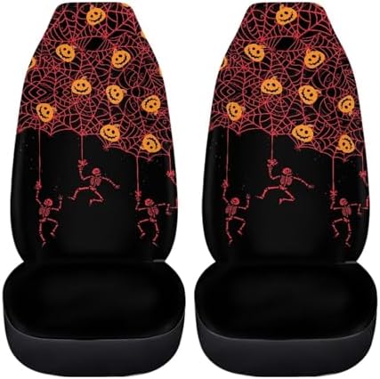 Red Spider Web Skeleton Black Halloween Print Car Seat Cover Colorful Cute Print Front Seat Covers 2 pcs, Vehicle Seat Protector Car Mat Covers, Fit Most Vehicle, Cars, Sedan, Truck, SUV, Van