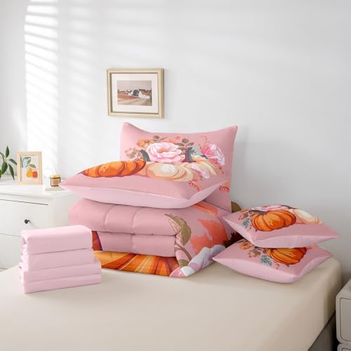 Erosebridal Fall Bedding Sets for Girls 7 Piece King Rose Pumpkin Bed in A Bag with Sheets Aesthetics Autumn Theme Comforter Set for Kids Teen Women Thanksgiving Harvest Bed Set with Comforter - Image 6