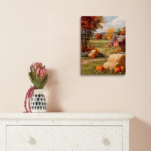 Autumn Farmhouse Wall Art – Rustic Red Barn Landscape with Pumpkins, Fall Harvest Canvas Print for Country Living Room or Seasonal Decor Display 16x20in Large Frame wall art - Image 4