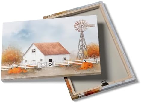 White Barn with Pumpkins Wall Art – Autumn Farmhouse Landscape Poster,Rustic Fall Windmill Canvas Print for Entryway or Thanksgiving Dining Room Decor 12x16in Frame wall art - Image 2