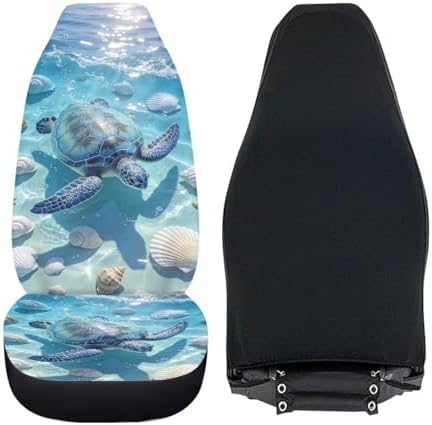 Sea Turtle 2 Pcs Car Seat Covers Full Set, Ocean Shell Front Split Bench Seats Cover for Cars, Blue Ocean Tortoise Universal Seat Cover for Sedan SUV Truck Auto