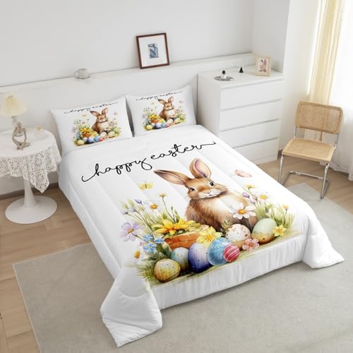 Cute Rabbit Comforter Set Queen Size,Happy Easter Quilt Set Watercolor Egg Floral Bedding Set 3Pcs for Kids Girls Women Teens Room Decor,Nature Animals Plants Spring Duvet Insert,2 Pillowcases - Image 3
