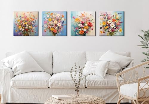 Watercolor Wildflower Wall Art Bedroom Decor Colorful Flower Pictures Canvas Prints Floral Botanical Wall Art Floral Painting Nature Poster Artwork for Living Room Bathroom Home Decoration 16x16”4Pcs - Image 2
