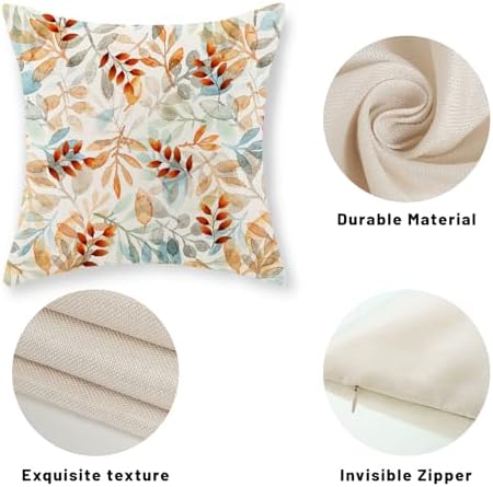 Fall Pillow Covers 18x18 Set of 2 Orange Blue Watercolor Leaves Pillowcase Autumn Thanksgiving Outdoor Decorative Throw Pillow Covers Linen Farmhouse Cushion Case for Couch Home - Image 7