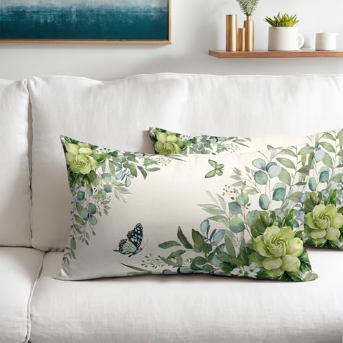 Spring Pillow Covers 12x20 Set of 2 Green Floral Throw Pillow Covers Rustic Pillowcase Linen Decoration Farmhouse Soft Decorative Summer Cushion Case Couch for Indoor Outdoor Home Decor - Image 2