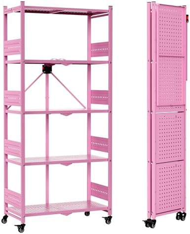 WORKPRO 5-Tier Folding Shelf, No-Assembly Metal Storage Rack with Wheels, 750 lbs Capacity (with Leveling Feet), Collapsible Shelving Unit for Kitchen, Pantry, Closet & Craft Shows - Pink by WORKPRO