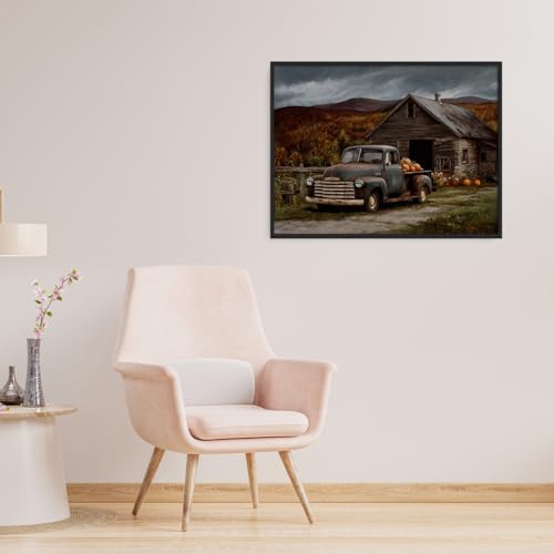 Vintage Truck with Pumpkins Wall Art – Rustic Fall Barn Landscape Canvas,Country Farmhouse Poster for Thanksgiving Entryway or Autumn Living Room Decor 16x20in Black aluminum frame - Image 4