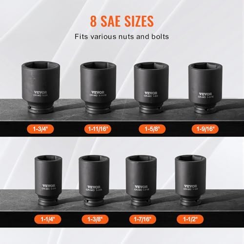 VEVOR Axle Nut Impact Socket Set - 1/2" Drive Deep 6-Point 8-Piece SAE Spindle Nut Socket CR-MO Heat Treated Large Socket Set with Storage Case for Auto Repair, Removing or Installing Axle Nuts - Image 3