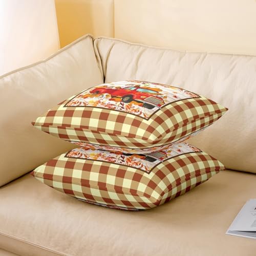 Autumn Truck 2 Pack Pillow Covers,Rustic Maple Leaves Pumpkin Cute Puppy Dog Reversible Print Cushion Covers,Thanksgiving Day Retro Brown Plaids Patchwork Couch 20"x 20" Pillow Covers - Image 3