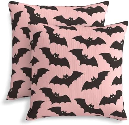 KiuLoam Halloween Pink Black Bats Pillow Covers 22x22 Inch Set of 2, Spooky Bat Print Decorative Throw Pillows, Rustic Farmhouse Outdoor Cushion Covers for Sofa Couch Living Room Bedroom by KiuLoam