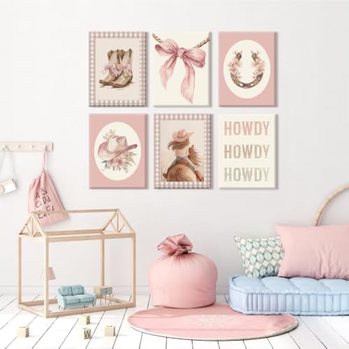 Western Cowgirl Nursery Wall Art Decor Vintage Girl Room Canvas Poster Pink Coquette Nursery Art Prints Preppy Aesthetic Pictures Bow Floral Boots Artwork for Girls Bedroom 12x16x6 Inch Wrapped Canvas - Image 7