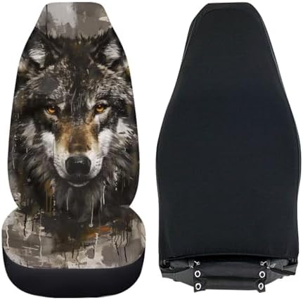 Brown Wolf Print Car Front Seat Cover 2 Piece Vehicle Interior Cover Protector Decor Accessory Seat for SUV Truck Van Sedan