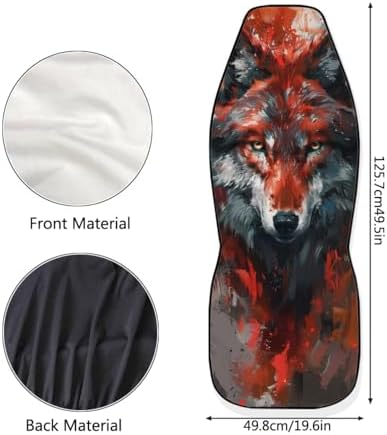 Gray-red Wolf Print Car Front Seat Cover Set of 2, Universal Fit, Made of Soft Polyester, Easy to Install, Edgy Style — Fits Most Vehicles