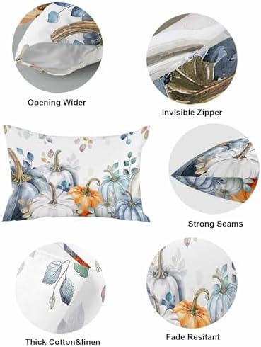 Blue Orange Pumpkins Fall Pillow Covers 12x20 Inch Set of 2, Thanksgiving Decorations Leaves Outdoor Throw Pillow Covers, Autumn Holiday Square Pillowcases for Patio Sofa Couch Bedroom Decorative - Image 5