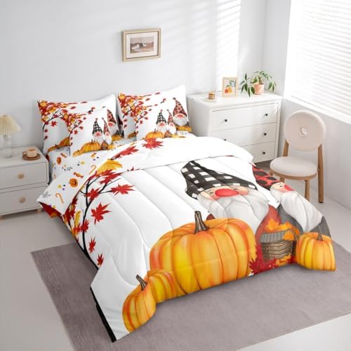Erosebridal Fall Gnome Queen Comforter Set 7 Pieces Bed in a Bag Farmhouse Thanksgiving Autumn Harvest Pumpkin Bedding Comforter Sets,Maple Tree Fall Leaves Comforter with Fitted Sheets,Flat Sheets - Image 2