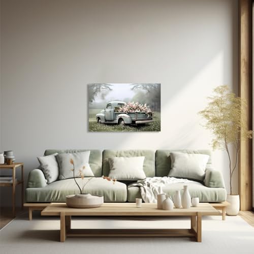 QIXIANG Farmhouse Truck Canvas Wall Art Old Car and Pink Flower Picture Prints for Bedroom Home Living Room Decor with Framed (16.00" x 24.00", Truck) - Image 2