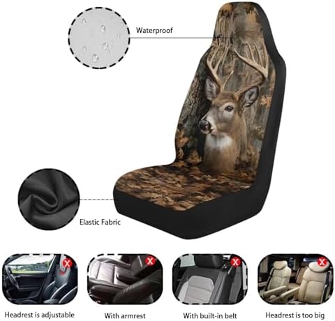 Waterproof Front Seat Covers Easy Installation Camo Deer Hunter Car Seat Covers Set of 2 Stretch Polyester Fabric Cover Car Interior Accessories Universal Fit Most Cars,SUV, Trucks
