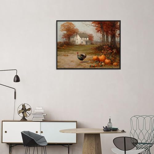 Autumn Farmhouse Wall Art with Turkey and Pumpkins – Vintage Thanksgiving Landscape Poster,Rustic Fall Harvest Canvas Print for Dining Room Decor 12x16in Black aluminum frame - Image 6