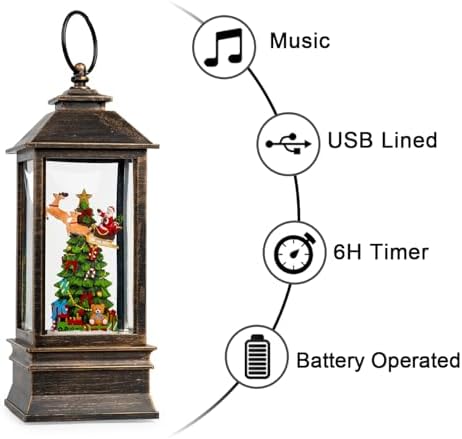 Christmas Snow Globe Lantern with Music & Timer, Vintage Lighted Musical Snow Globe with Swirling Water Glitter, Christmas Tree & Santa Scene, USB/Battery Operated Xmas Decor Gifts - Image 5