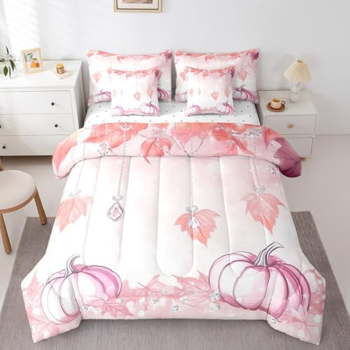 Erosebridal Pink Pumpkin Twin Bedding Set for Girls 7 Piece,Fall Maple Leaf Comforter Set for Kids Women Aesthetics Diamond Decor Bed in A Bag Girly Kawaii Autumn Theme Sheet Set with Comforter by Erosebridal