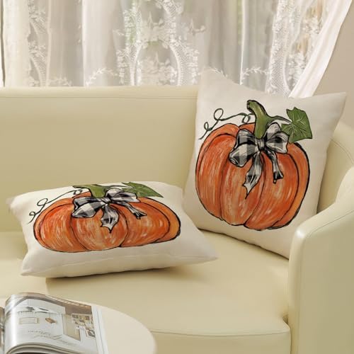 Fall Pillow Covers 16x16 Set of 2 Orange Pumpkin Leaves Fall Decor Pillowcase Autumn Harvest Thanksgiving Decorative Outdoor Throw Pillow Covers Linen Farmhouse Cushion Case for Couch Home - Image 4