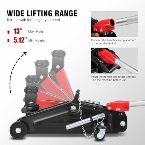 DNA Motoring Floor Jack with Socket and Lock, Low Profile Hydraulic Trolley Jack for Cars Lift, 2 Ton (4000 lbs) Capacity, Lifting Range 5.12"-13", Red, TOOLS-00677-RD - Image 3