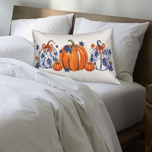 Fall Pillow Covers 12x20 Set of 2 Chinoiserie Blue and Orange Pumpkin Throw Pillows Autumn Thanksgiving Decorative Pillow Cases Harvest Outdoor Decor Linen Farmhouse Cushion Case for Couch Bed - Image 6