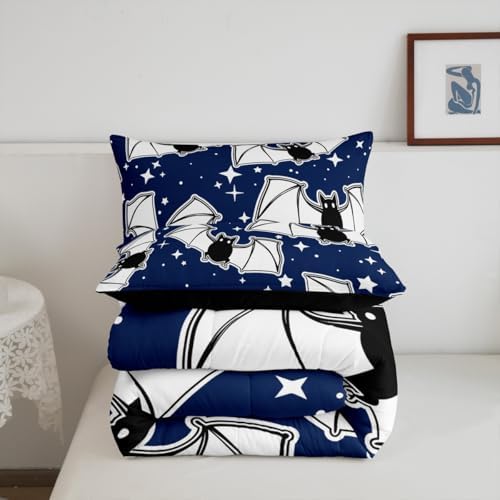 Feelyou Halloween Bedding Set for Girls Boys Kids Toddler Size Black Bats Animal Print Silhouette Comforter Cover Room Decor Happy Holiday Cute Star Print Luxury Duvet Cover Blue Quilt Set - Image 3
