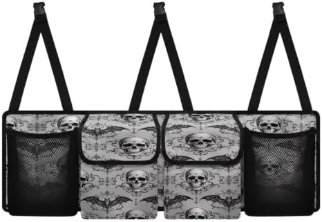 Hanging Car Trunk Organizer Halloween Skull Damask Bat Print Car Back Seat Storage Bag Auto Cargo Bag Collapsible Auto Interior Accessories for Sedans SUV Jeep Trucks MPV Van