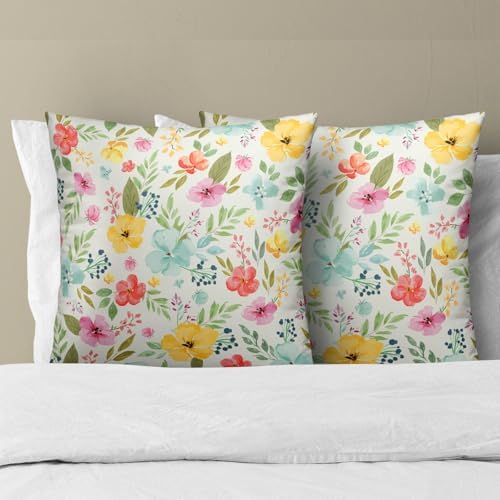 Sweetshow Spring Watercolor Flowers Throw Pillow Covers 22X22 Inches Set of 2 Colorful Floral Green Leaves Pillowcase Soft Cotton Square Seasonal Cushion Covers for Living Room Sofa Bedroom Decor - Image 3