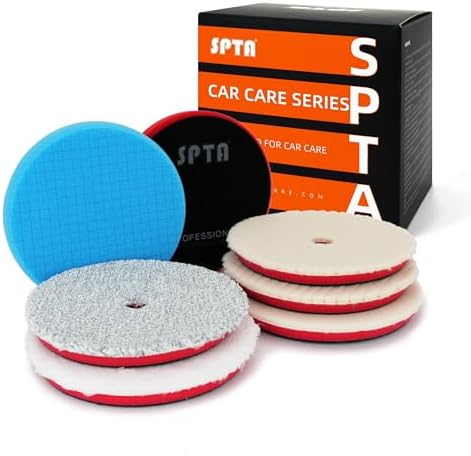7Pcs 5inch Polishing Pads Set, 1 Blue Moderate Cut Pad, 1 Red Ultra Final Finish Pad, 3 White Heavy Cut Wool Pad, Gray Microfiber Fast Cutting Pad, 1 White Microfiber Finishing Pad for Car Polisher by SPTA