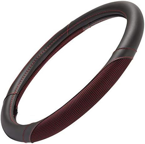 Motor Trend Wine Steering Wheel Cover - Dotted Comfort Polyester Grip on Stitched Synthetic Leather, Wine Stitching/Black