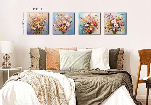 Watercolor Wildflower Wall Art Bedroom Decor Colorful Flower Pictures Canvas Prints Floral Botanical Wall Art Floral Painting Nature Poster Artwork for Living Room Bathroom Home Decoration 16x16”4Pcs - Image 5