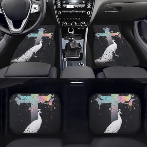 Peacock Car Accessories Floor Mats 4PCS, Stain Glass Cross Rubber Front and Rear Mats Non-Slip Floor Mats, White Peacock All Season Heel Pad Fit for SUV Van