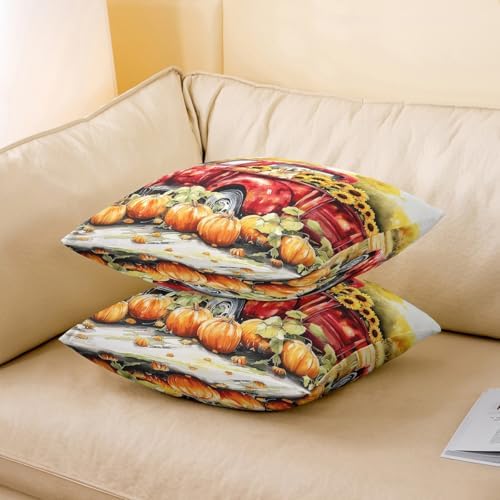 Manfei Autumn Truck Pillow Covers Reversible Print Pack of 2,Fall Harvest Thanksgiving Day Rustic Decorative Cushion Covers,Lovely Puppy Dog Sunflower Pumpkin Couch Pillow Covers,24"x 24" - Image 3