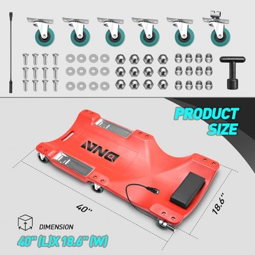 DNA Motoring 40 Inch Low Profile Plastic Rolling Garage Shop Floor Creeper with LED Light, Padded Headrest, Dual Tool Trays, Casters, Red, TOOLS-00389 - Image 2