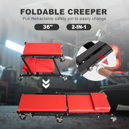 Big RED 36" Rolling Foldable Automotive Creeper， Car Creeper, 2-in-1 Garage Shop Creeper for Auto Repair, 300 Lbs Capacity, Red，TAM6505RR Torin - Image 2
