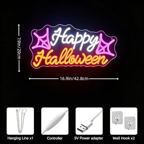 Happy Halloween Neon Sign, Spider Web Halloween LED Light, 16.9"x7.9" - Image 3