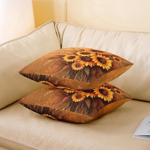 Manfei Sunflower Pack of 2 Pillow Covers,Rustic Farmhouse Flowers Wheat Soft Square 18"x18" Cushion Case,Autumn Harvest Retro Yellow Brown Throw Pillow Covers,Double Sides - Image 3