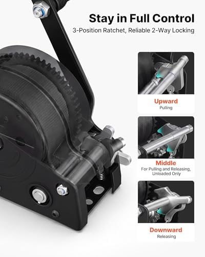 VEVOR Boat Winch, 1600 lbs Hand Winch, Heavy Duty Manual Rope Crank with 20ft Orange Polyester Strap, Portable Two-Way Ratchet, 2 Speed Switchable, Anti-Slip Handle Gear for Boat Trailer ATV Towing - Image 4