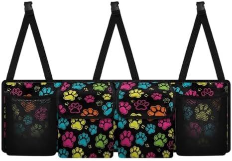 Colorful Dog Paw Print Car Trunk Organizer Car Backseat Storage Bag with 4 Pockets Hanging Trunk Cargo Storage Universal Auto Accessories for Sedans SUV Trucks Van