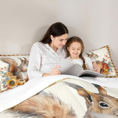 Homewish Fall Squirrel Sunflower Bedding Set King Size,Pumpkin Geometric Plaid Comforter Set 3pcs for Kids Teens Adults Room Decor,Rustic Farmhouse Quilt Set Halloween Style Duvet Insert,Yellow - Image 2