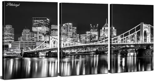 Black and White Pittsburgh Skyline Wall Art for Living Room USA Pennsylvania Cityscape Picture Wall Decor Night View Downtown City Building Skyscraper Panoramic Artwork Bedroom Decoration 24x36" 3P by sunfrower