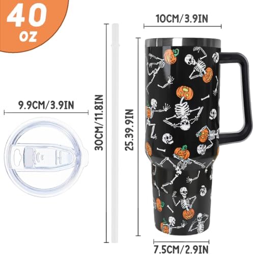 Halloween Tumbler 40oz Skull Tumbler Ghost Spooky Leak Proof Cups with Handle and Straw Insulated Water Bottle Skeleton Coffee Travel Mugs for Halloween Decor Gifts for Women Men (1PCS) - Image 4