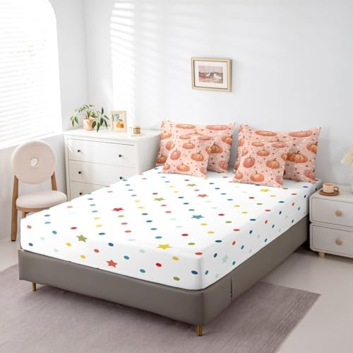 Erosebridal Autumn Full Comforter Set 7 Piece Fall Pumpkin Bedding Sets for Kids Girls Adults Women,Boho Stars Bed in A Bag Vintage Pumpkins Sheet Set with Comforter,Pillow Casea,Pillow Covers - Image 5