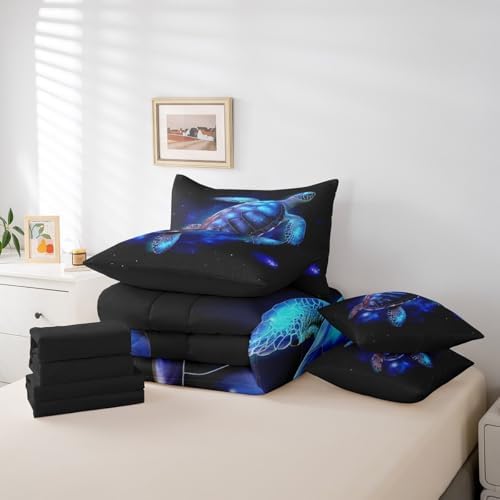 Sea Turtle King Comforter Set 7 Pieces,All Season Bed in a Bag King,Exotic Tortoise Bedding Set with Blue Galaxy Nautical Sea Animal Comforter,Flat Sheet,Fitted Sheet,Pillowcases,Pillow Shams - Image 6