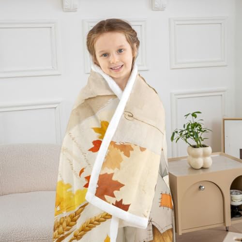 Fall Harvest Sherpa Blanket Pumpkin Scarecrow Wheat Throw Blanket Bedroom Living Room Soft Cozy Country Thanksgiving Blankets Decor for Bed Couch Sofa Orange Green Silvery Flannel Blankets 50"x60" - Image 3